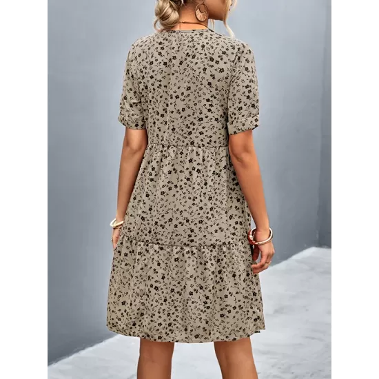 Flower Print Split-Joint Short Sleeves V-Neck Mini Dresses