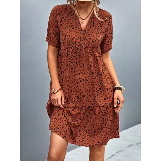 Flower Print Split-Joint Short Sleeves V-Neck Mini Dresses