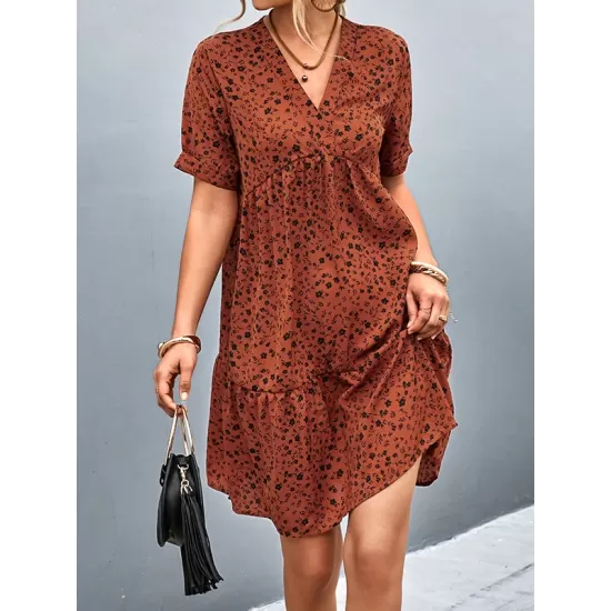 Flower Print Split-Joint Short Sleeves V-Neck Mini Dresses