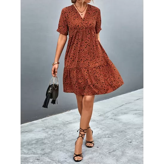 Flower Print Split-Joint Short Sleeves V-Neck Mini Dresses