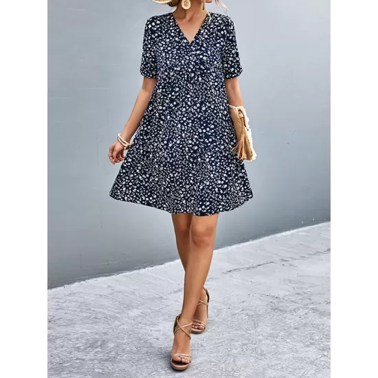 Flower Print Split-Joint Short Sleeves V-Neck Mini Dresses