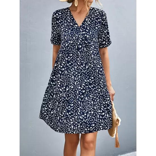 Flower Print Split-Joint Short Sleeves V-Neck Mini Dresses