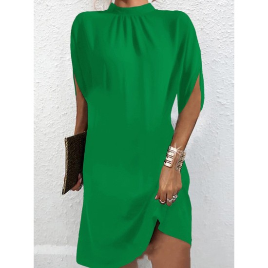 Solid Color Loose Raglan Sleeve Mock Neck Mini Dresses