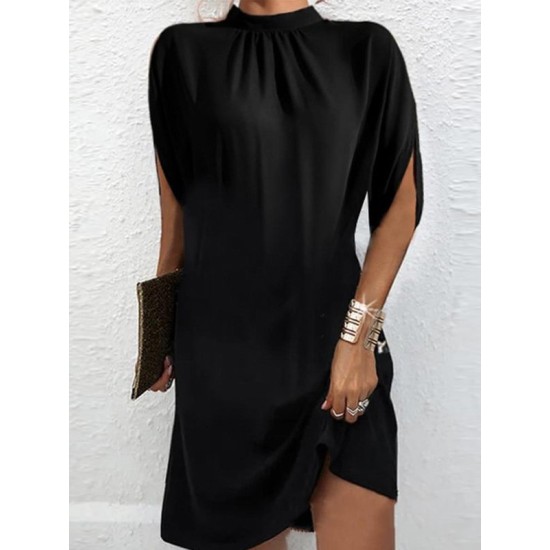 Solid Color Loose Raglan Sleeve Mock Neck Mini Dresses