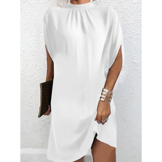 Solid Color Loose Raglan Sleeve Mock Neck Mini Dresses