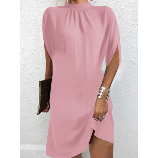 Solid Color Loose Raglan Sleeve Mock Neck Mini Dresses