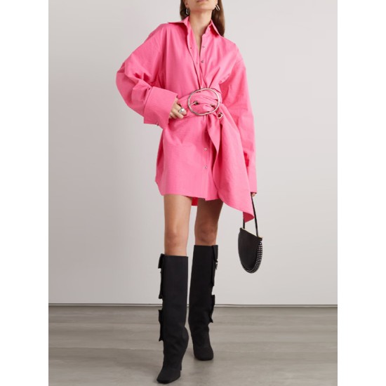 Belted Buttoned Long Sleeves Loose Lapel Shirt Dress Mini Dresses