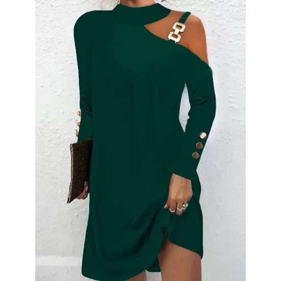 Asymmetric Buckle Buttoned Hollow Long Sleeves Loose One-Shoulder Mini Dresses