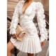 Embroidered Pleated Ruffled Solid Color Split-Joint Long Sleeves Plus Size Deep V-Neck Mini Dresses