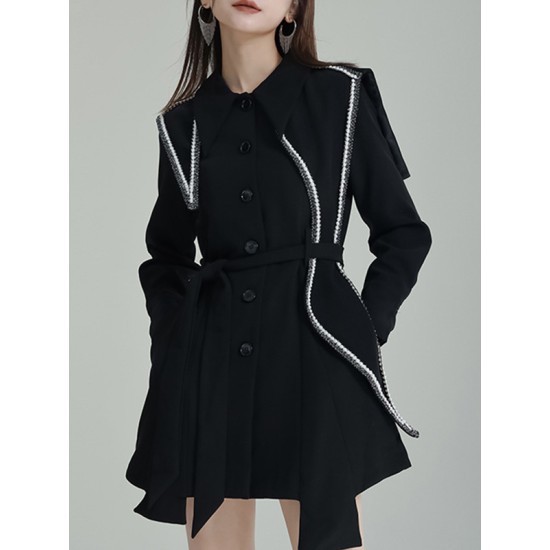 Asymmetric Buttoned A-Line High Waisted Lapel Mini Dresses