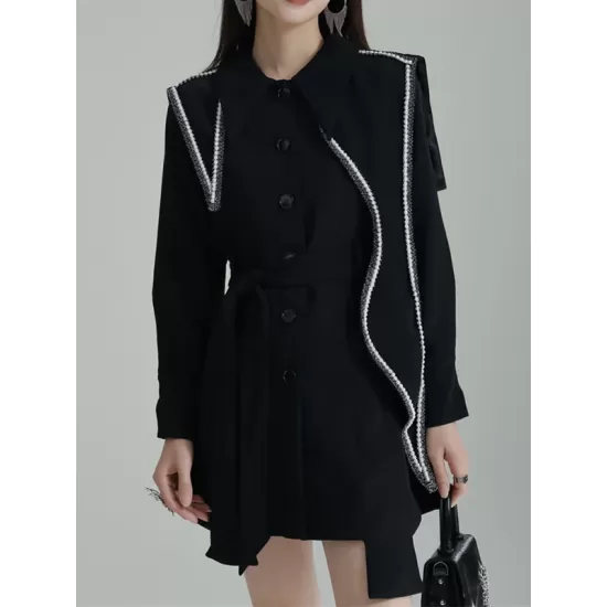 Asymmetric Buttoned A-Line High Waisted Lapel Mini Dresses