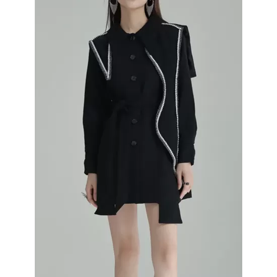 Asymmetric Buttoned A-Line High Waisted Lapel Mini Dresses