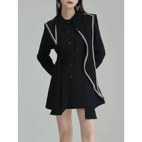 Asymmetric Buttoned A-Line High Waisted Lapel Mini Dresses