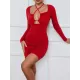 Hollow Pleated Solid Color Bodycon Long Sleeves Deep V-Neck Mini Dresses