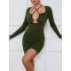 Hollow Pleated Solid Color Bodycon Long Sleeves Deep V-Neck Mini Dresses