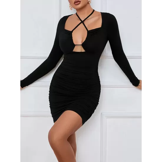 Hollow Pleated Solid Color Bodycon Long Sleeves Deep V-Neck Mini Dresses