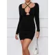 Hollow Pleated Solid Color Bodycon Long Sleeves Deep V-Neck Mini Dresses