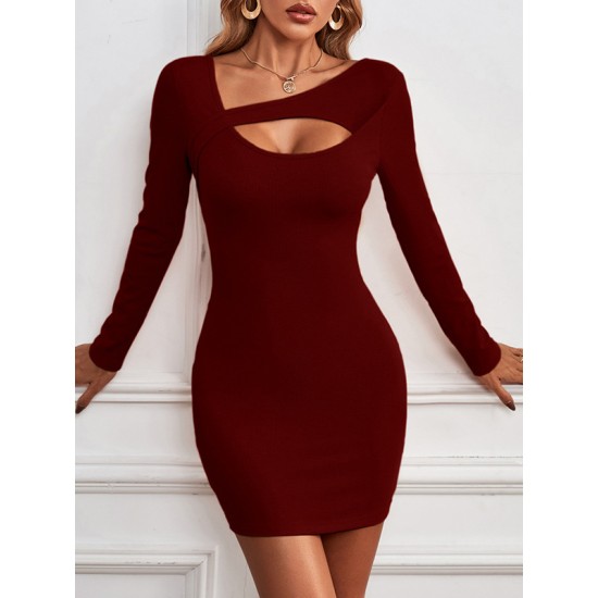 Asymmetric Hollow Solid Color Bodycon Long Sleeves Asymmetric Collar Mini Dresses