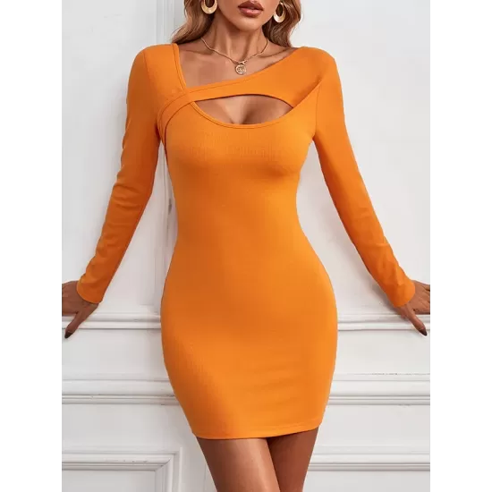 Asymmetric Hollow Solid Color Bodycon Long Sleeves Asymmetric Collar Mini Dresses