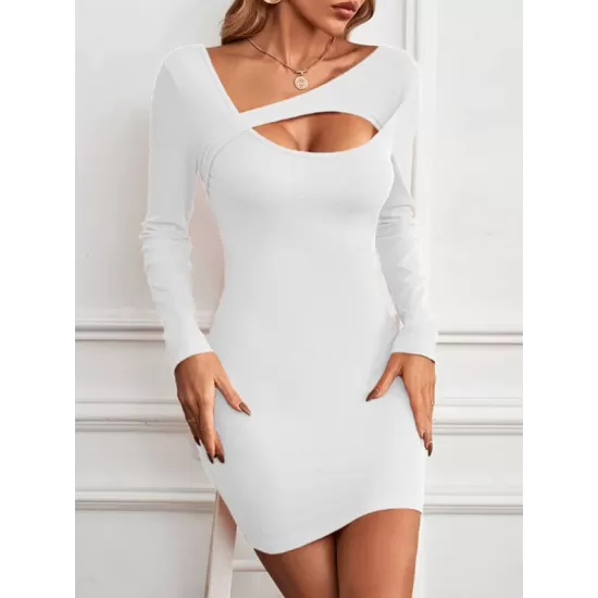 Asymmetric Hollow Solid Color Bodycon Long Sleeves Asymmetric Collar Mini Dresses