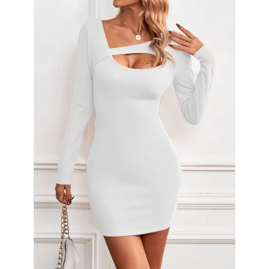 Asymmetric Hollow Solid Color Bodycon Long Sleeves Asymmetric Collar Mini Dresses