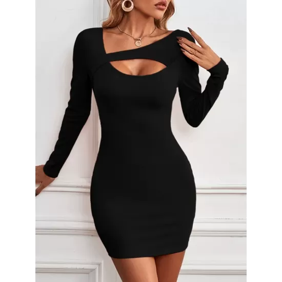 Asymmetric Hollow Solid Color Bodycon Long Sleeves Asymmetric Collar Mini Dresses