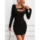 Asymmetric Hollow Solid Color Bodycon Long Sleeves Asymmetric Collar Mini Dresses