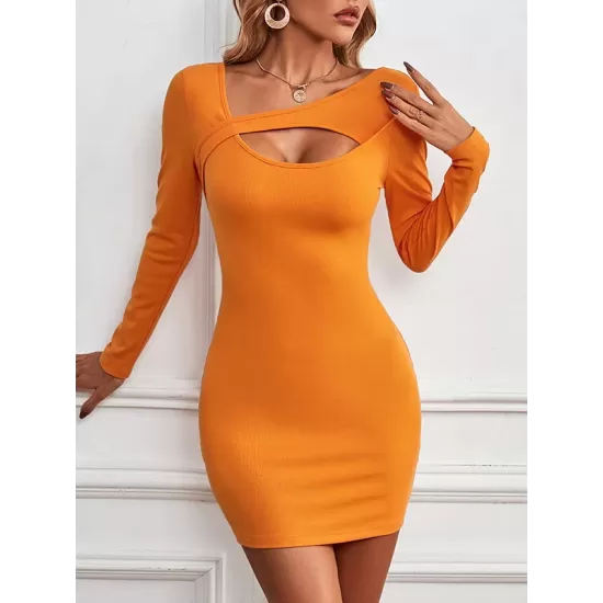 Asymmetric Hollow Solid Color Bodycon Long Sleeves Asymmetric Collar Mini Dresses