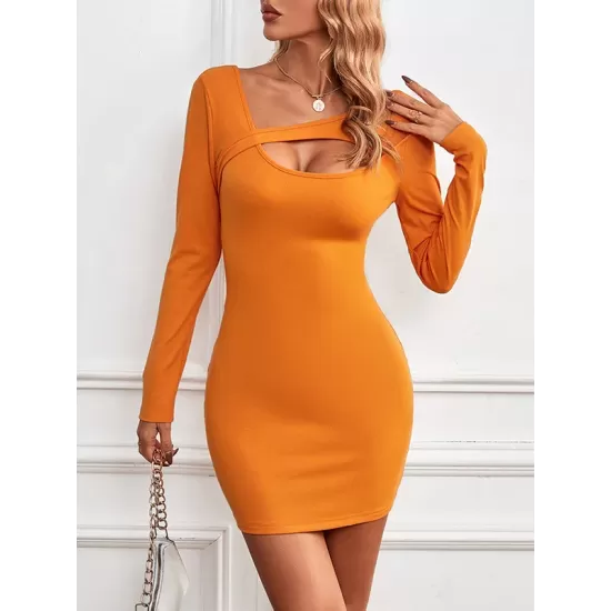 Asymmetric Hollow Solid Color Bodycon Long Sleeves Asymmetric Collar Mini Dresses