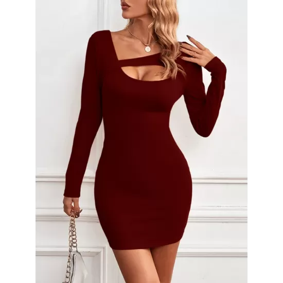 Asymmetric Hollow Solid Color Bodycon Long Sleeves Asymmetric Collar Mini Dresses