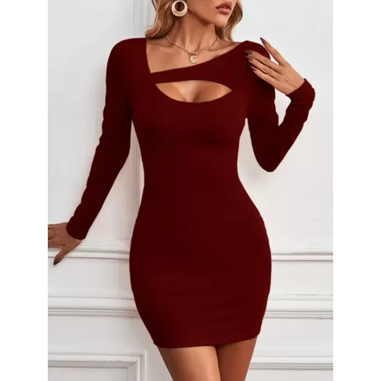 Asymmetric Hollow Solid Color Bodycon Long Sleeves Asymmetric Collar Mini Dresses