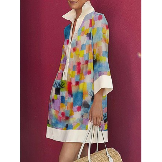 Long Sleeves Loose Printed Split-Joint Lapel Mini Dresses Shirt Dress