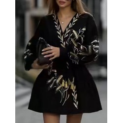 Embroidered Tied Waist Loose Puff Sleeves V-Neck Mini Dresses