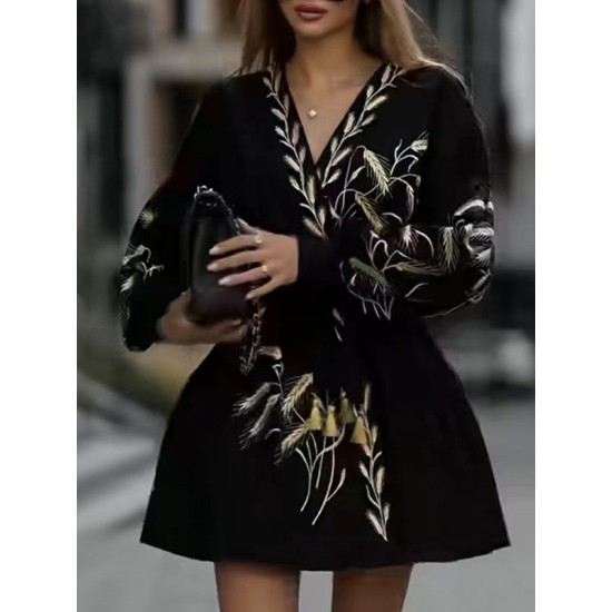 Embroidered Tied Waist Loose Puff Sleeves V-Neck Mini Dresses