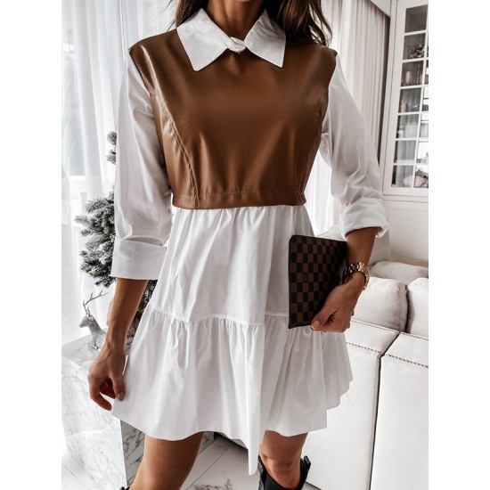 Contrast Color Pleated Split-Joint Long Sleeves Loose Lapel Mini Dresses