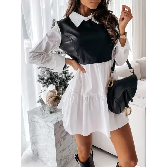 Contrast Color Pleated Split-Joint Long Sleeves Loose Lapel Mini Dresses