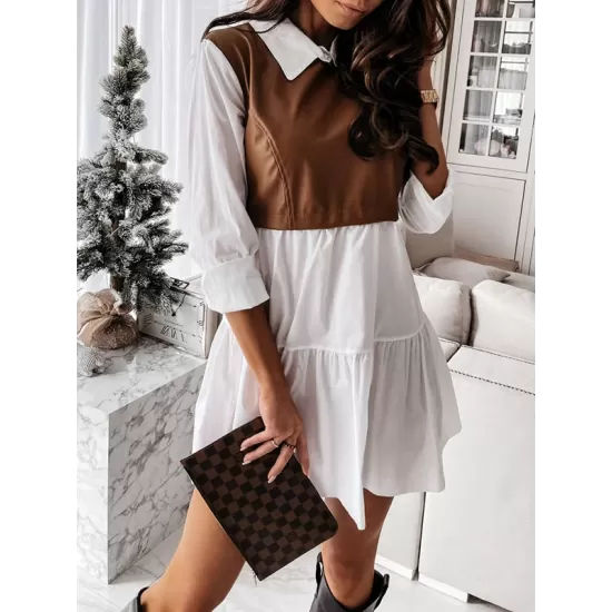 Contrast Color Pleated Split-Joint Long Sleeves Loose Lapel Mini Dresses