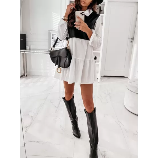 Contrast Color Pleated Split-Joint Long Sleeves Loose Lapel Mini Dresses