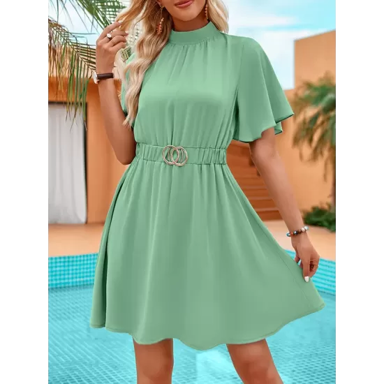 Belted Elasticity A-Line Flared Sleeves Mock Neck Mini Dresses