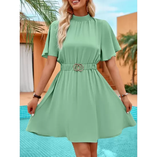 Belted Elasticity A-Line Flared Sleeves Mock Neck Mini Dresses