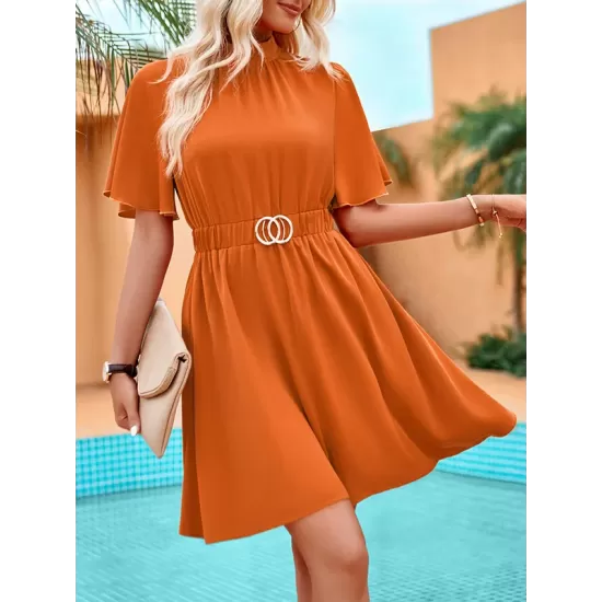 Belted Elasticity A-Line Flared Sleeves Mock Neck Mini Dresses