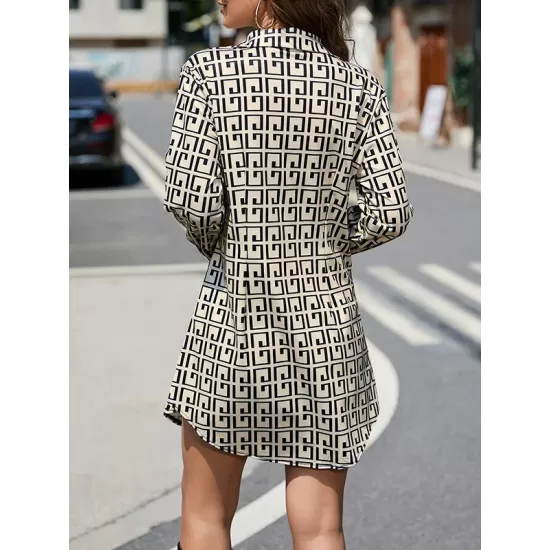 Buttoned Contrast Color Printed Long Sleeves Lapel Mini Dresses