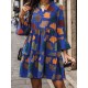 Leaves Print Pleated Split-Joint A-Line Flared Sleeves V-Neck Mini Dresses