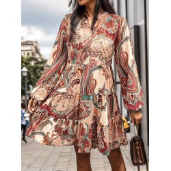 Buttoned Flower Print Split-Joint Long Sleeves Loose V-neck Mini Dresses