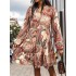 Buttoned Flower Print Split-Joint Long Sleeves Loose V-neck Mini Dresses