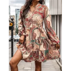 Buttoned Flower Print Split-Joint Long Sleeves Loose V-neck Mini Dresses