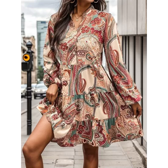 Buttoned Flower Print Split-Joint Long Sleeves Loose V-neck Mini Dresses