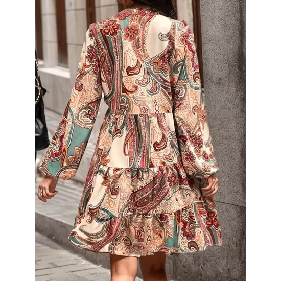 Buttoned Flower Print Split-Joint Long Sleeves Loose V-neck Mini Dresses