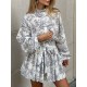 Pleated Printed Split-Joint Tied Waist Loose Puff Sleeves Stand Collar Mini Dresses