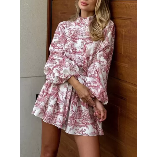 Pleated Printed Split-Joint Tied Waist Loose Puff Sleeves Stand Collar Mini Dresses